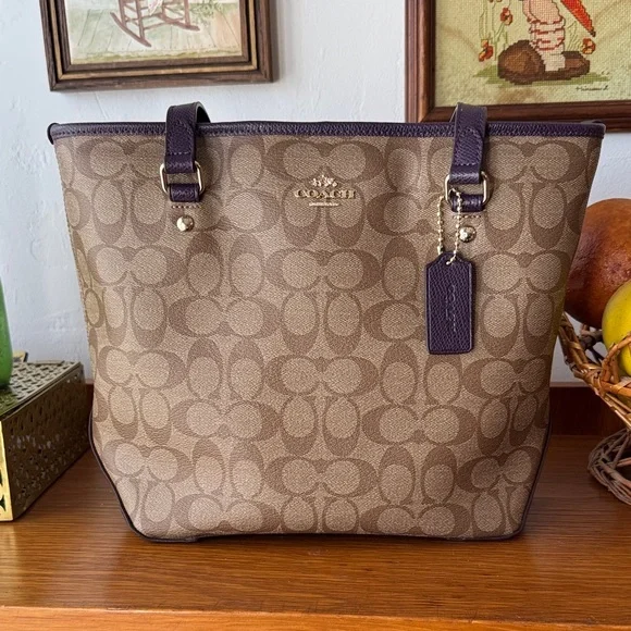Coach Tan and Purple Signature Tote - Picture 1 of 5